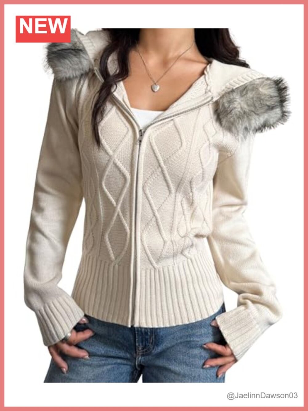 Women's Faux Fur Hooded Cable Knit Cardigan Sweater Jacket
